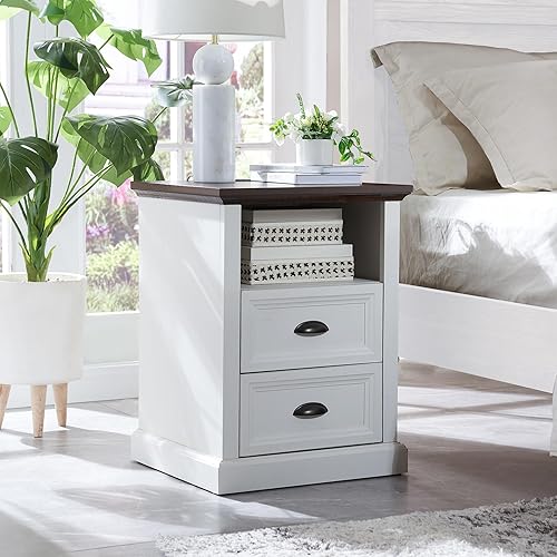 Miniatura 3 de Mesita de noche blanca con estación de carga, cómoda de 2 cajones para dormitorio, cómoda rústica de madera pequeña con cajones, mesa auxiliar con