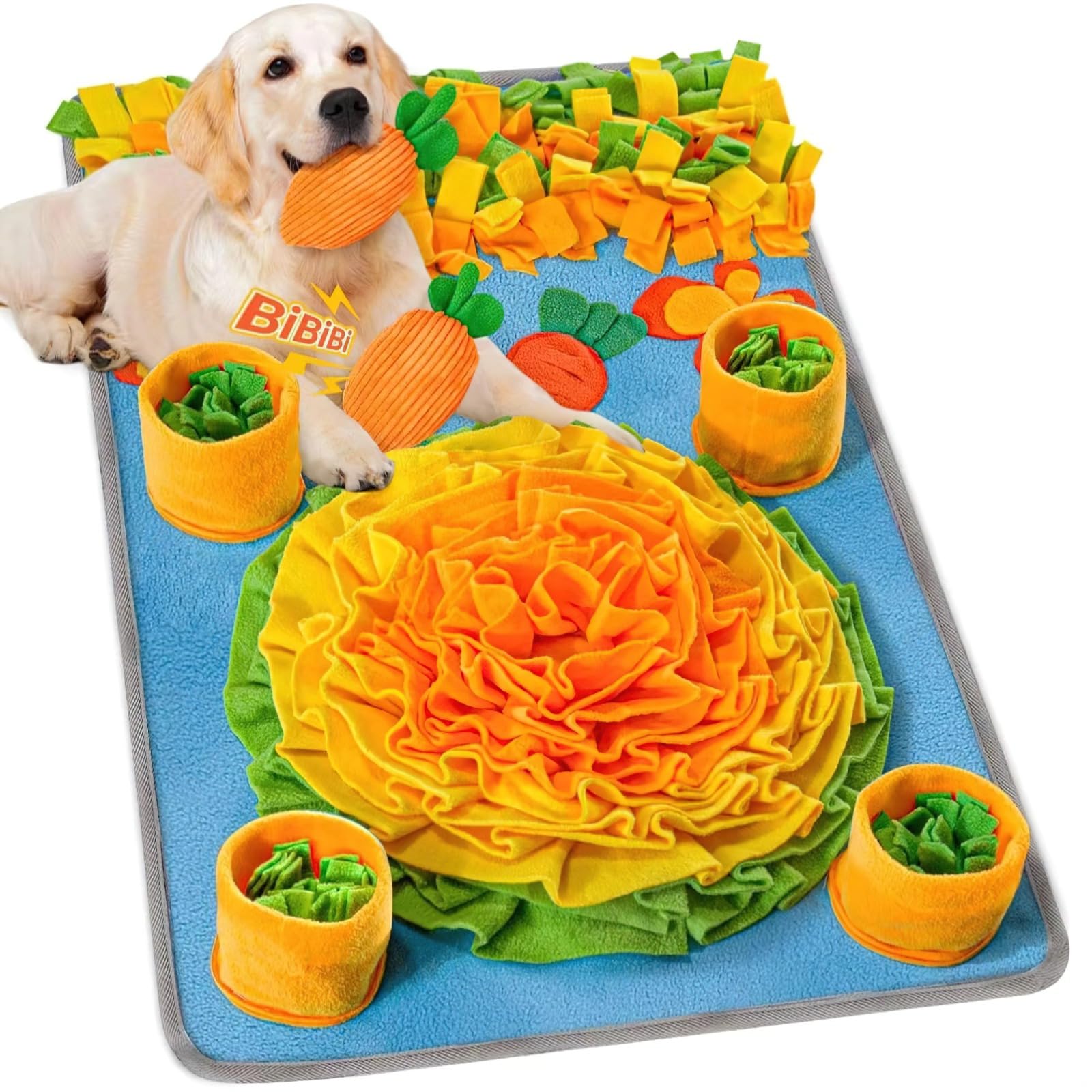 Schnüffelmatte für große Hunde, 127,7 x 203,2 cm, bunte Futtermatte, inklusive 2 Karotten-Hundespielzeugen für langsames Füttern und Angstlinderung