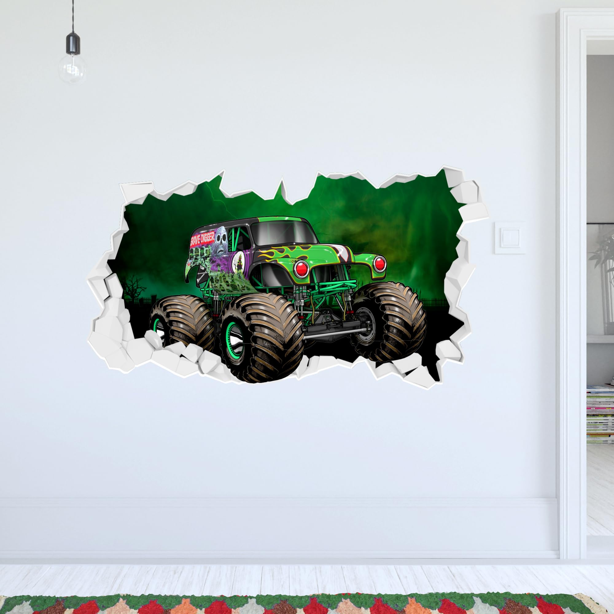 Themed Black Monster Jam Wall Sticker - Grave Digger Driving Through Broken Wall Decal Art (90Cm Width X 50Cm Height)