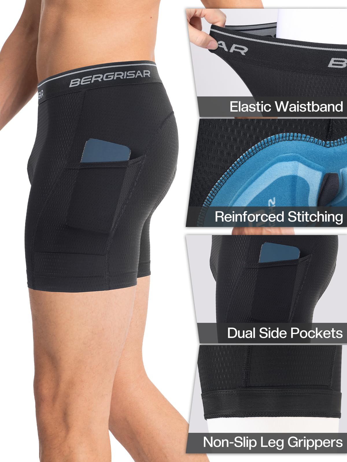 BERGRISAR Short de cyclisme rembourré respirant pour homme