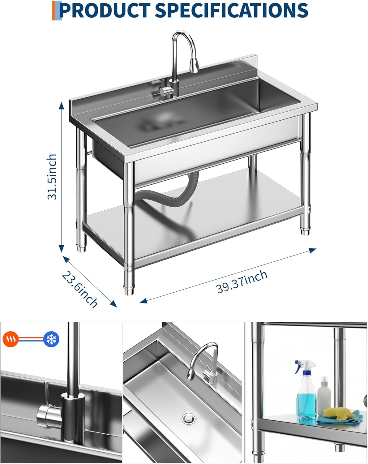 GarveeLife Stainless Steel Utility Sink with Pull-Out Faucet,23.6"D x 39.37"W x 31.5"H Freestanding Single Bowl Laundry Tub for Pet Grooming, Laundry Room, Garage & Farmhouse no drawer