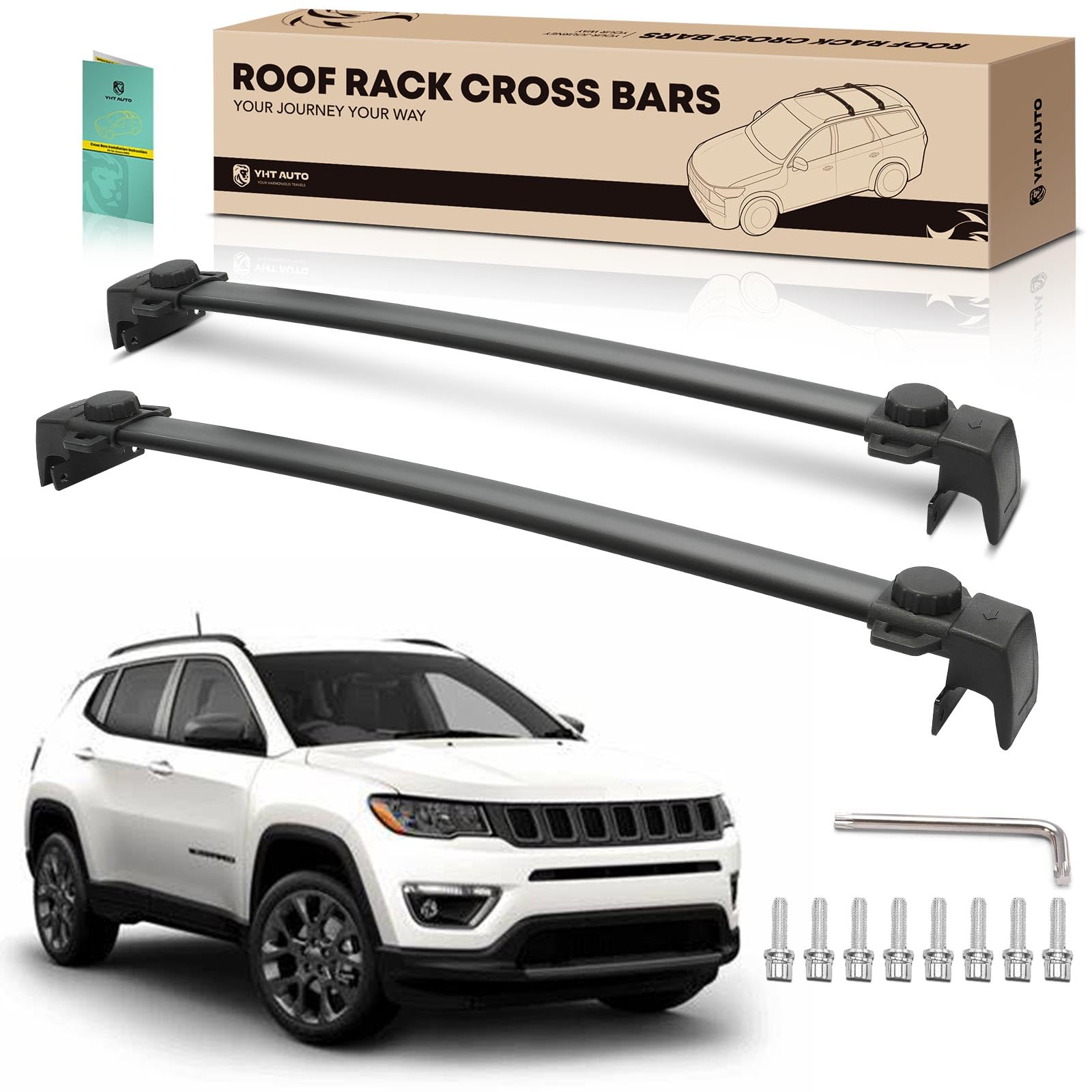 YHTAUTO 165lbs Roof Rack Cross Bars w/Hardware Fit for 2017-2023 Jeep Compass, T6063 Aluminum CrossBars Anti-Rust with Black Matte Surface for Skiboard Kayak Snowboard Bike