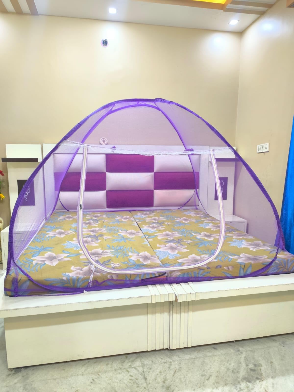 mosquito net premium for king size bed | 30 gsm polyester fine mesh | foldable pop up machardani for double bed | 360° mosquito & insect protection | washable & reusable - imperial purple