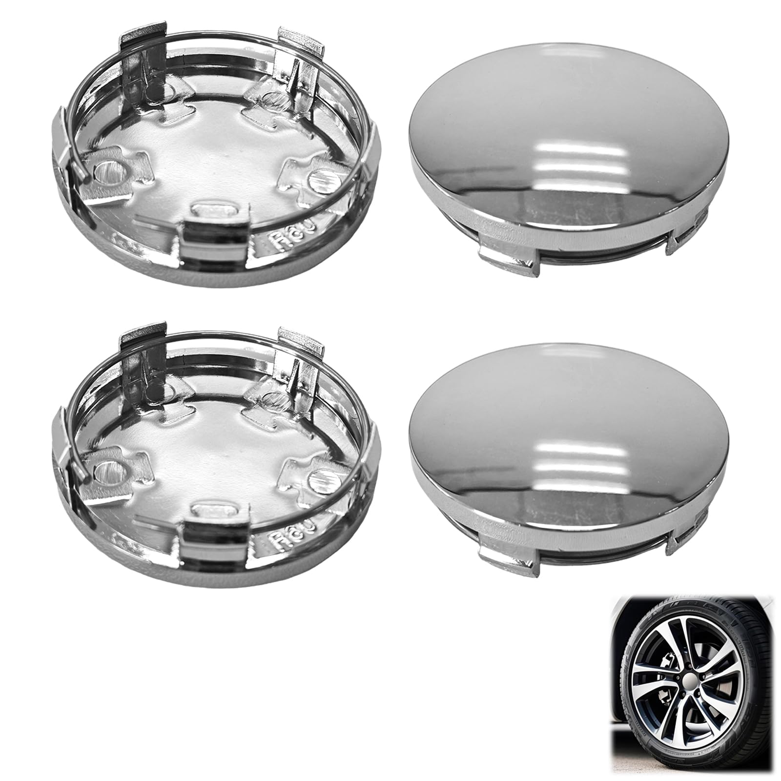 Radkappen,Felgenkappen,Nabenkappen,Nabendeckel OD 60mm ID 56mm, Felgenkappen aus ABS-Kunststoff, Universal Nabenkappen für Autos, 4 Stück, langlebige Nabenabdeckung, einfache Installation, Silber