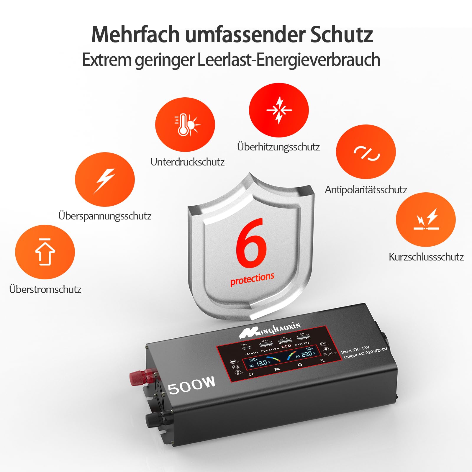 500W/1000W Wechselrichter 12v auf 230v Reiner Sinus Spannungswandler Mit EU Steckdosen Und 3 USB Und Netzkabel Und LCD 500w Kfz Inverter Für Camping-Einsatzfahrzeuge, LKW Und Wohnmobile