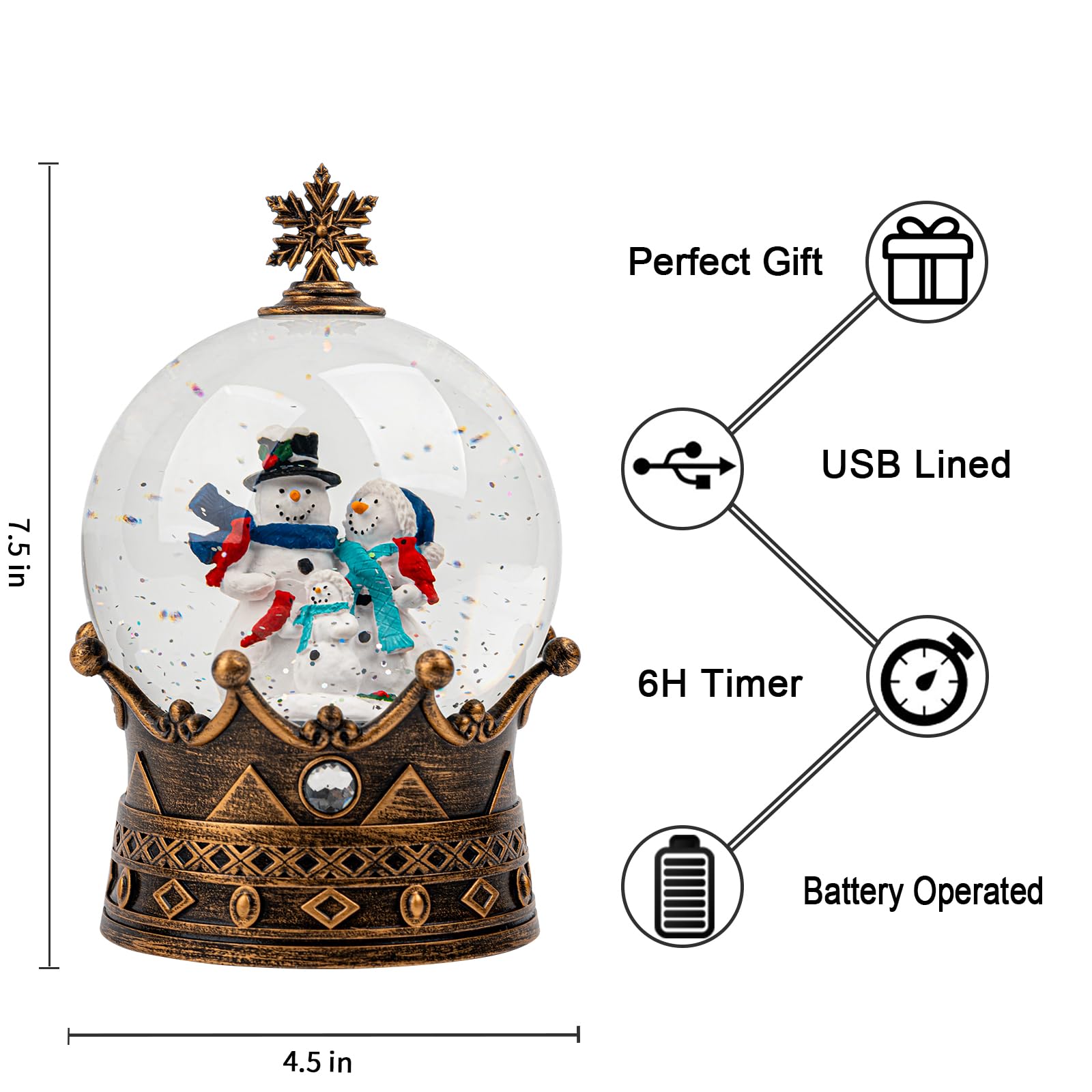 Christmas Snow Globes, Snowman Family Water Lantern, 8 Christmas Music, USB Powered & Battery, Holiday Decorations Gifts for Family Children or Friends