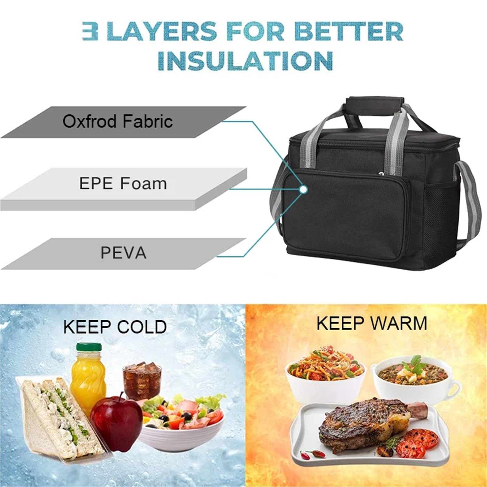 Borsa termica for il pranzo a tracolla, grande capacità, for uomini e donne, da viaggio, portatile, for alimenti freddi Per Lavoro, Ufficio, Scuola, Picnic, Viaggi(GREY)