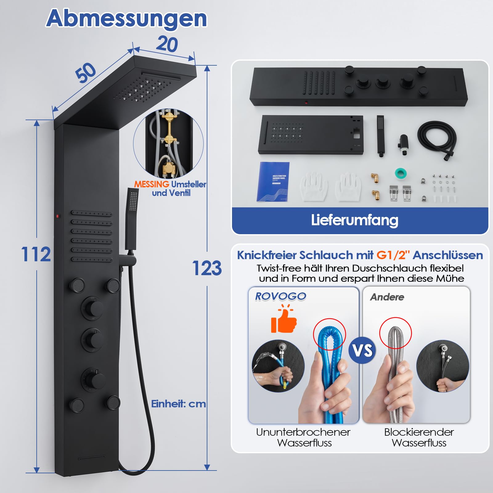 ROVOGO Komplett Schwarz LED Duschpaneel mit Thermostat, 5 Funktionen Duschsäule Regenfall Wasserfall Duschkopf, 2 Strahlarten Massagedüsen, Handbrause, Wanneneinlauf, Edelstahl Duschpaneel mit Armatur
