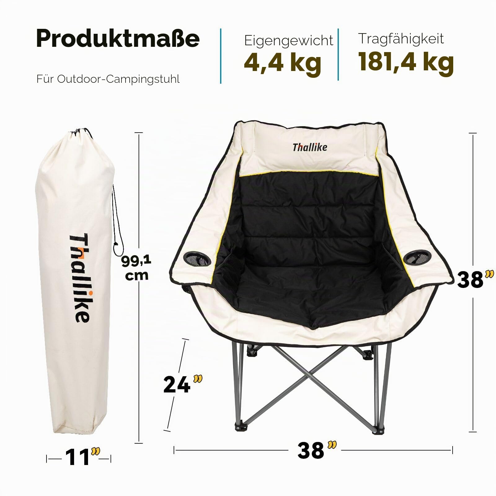 Übergroßer Campingstuhl, strapazierfähig, zusammenklappbar, für Erwachsene, XL, gepolstert, mit Getränkehaltern, Aufbewahrungstasche und Tragetasche, für Camping, Hinterhof, Angeln, Sport