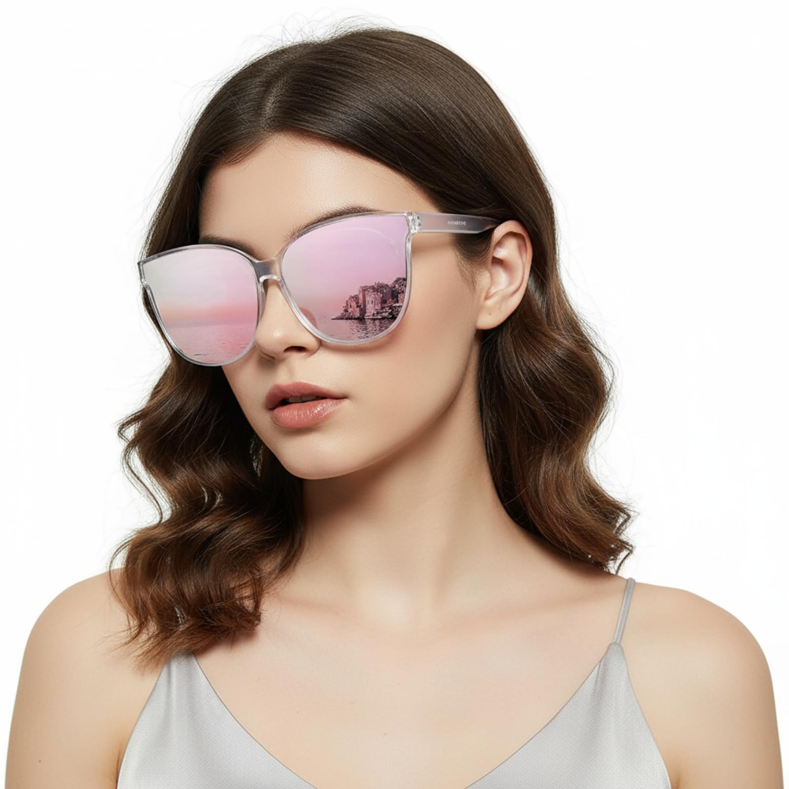 LVIOE Polarized Sunglasses for Women UV400 Protection Oversized Cat Eye Frame Retro Sunglasses for Driving Fishing Outdoor: A09 Clear Frame / Pink Mirrored Polarized Lens