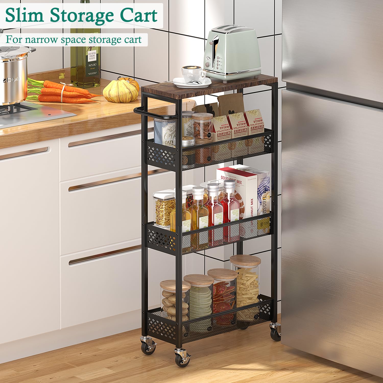 Carrello Porta Frutta Sottile A 4 Ripiani Da Cucina, Bianco