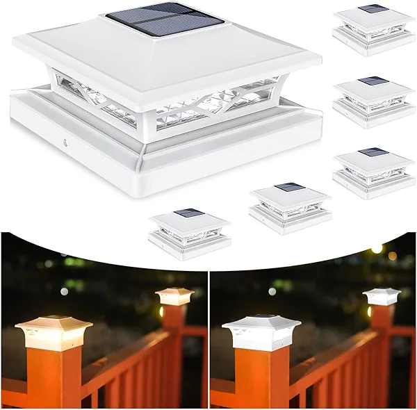 VOLISUN Solar Post Cap Lights: 6 - Pack Outdoor Deck Post Cap Lights White for Dock Fence Waterproof 2 Color Modes,4x4/6x6 Wooden/Vinyl Posts