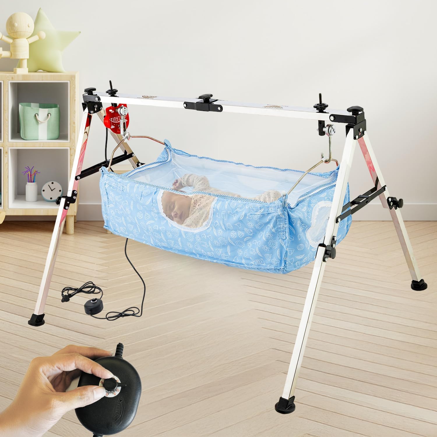 TINYTYKE Stainless Steel Automatic Cradle,Electric Swing Cradle w/Adjustable Speed,Fully,Foldable Square Pipe Frame with Blue Square Hammock,Palna/Jhula/Thothil for Baby Boy & Girl of 0 to 3 Years