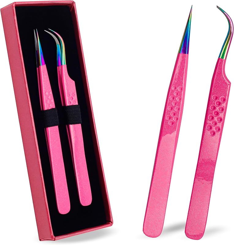 Pinças para extensão de cílios retas e curvas Generic com ponta de fibra, aço inoxidável, cor Pink, conjunto com 2