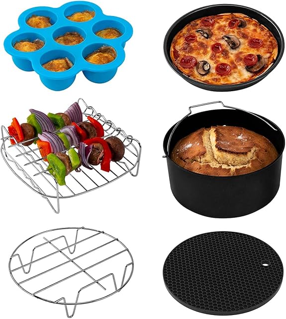 6PCS Air Fryer Accessories Set Cooking and Baking Set with Pizza Pan Cake Pan Double-Layer Rack with Skewers Cooking Rack Egg Bite Mold Silicone Mat Dishwasher for Most Brands Air Fryers (7 Inch)