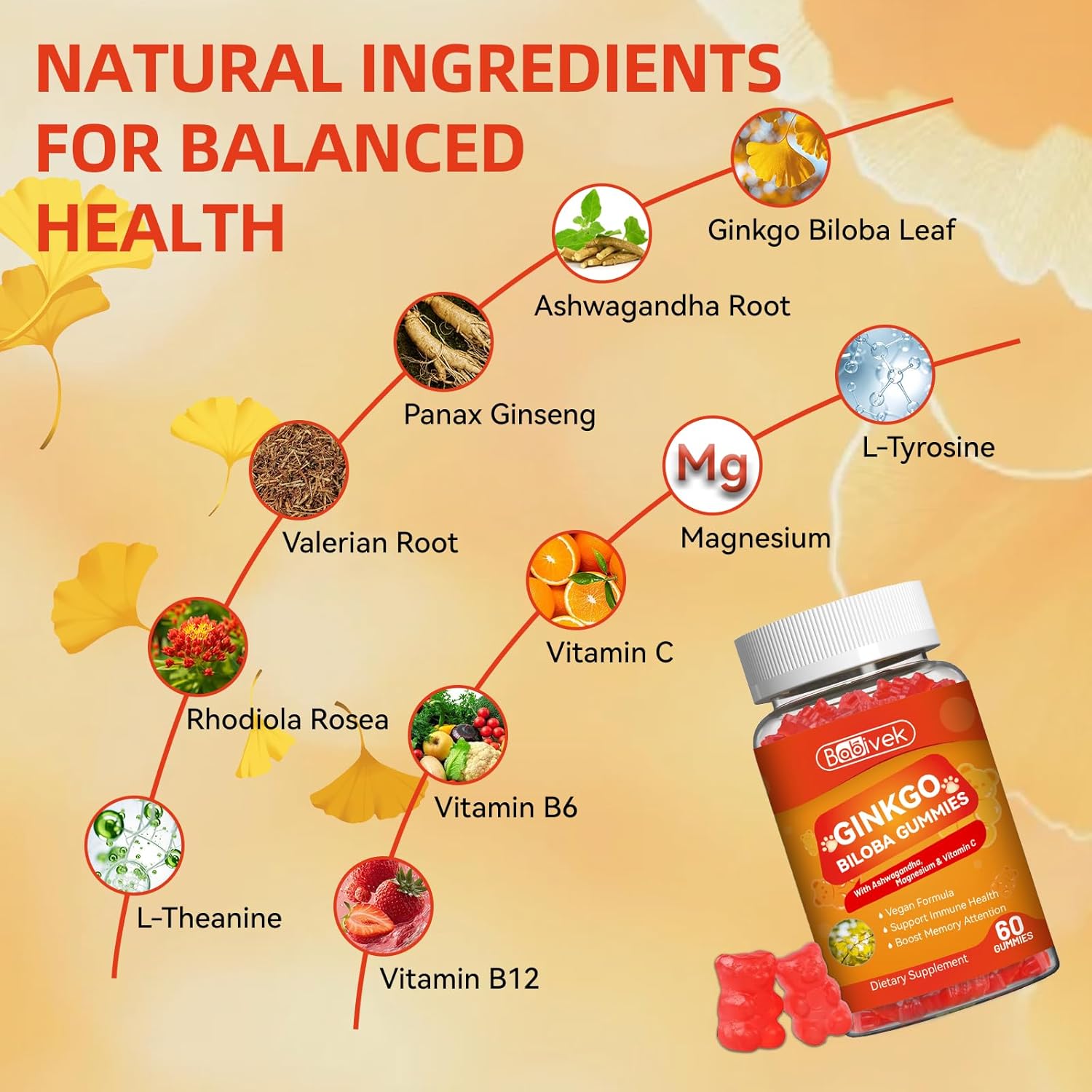 Ginkgo Biloba Gummies with Ashwagandha, Vitamin C & Magnesium - Vegan, Non-GMO, Gluten-Free - Raspberry Flavor, 60 Count - Image 5