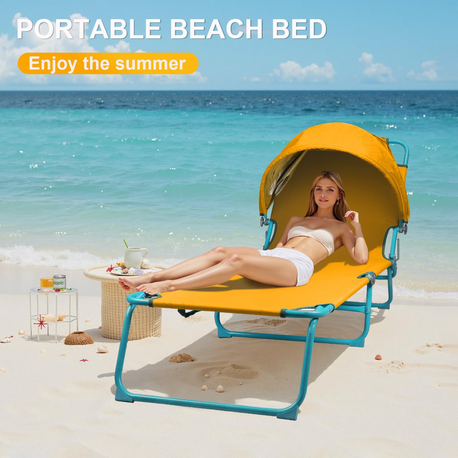Folding Chaise Lounge Chairs with Canopy Sunshade,Adjustable Sun Tanning  Chair,Outdoor Heavy-Duty Beach Sunbathing Chair with Reclining Back,for