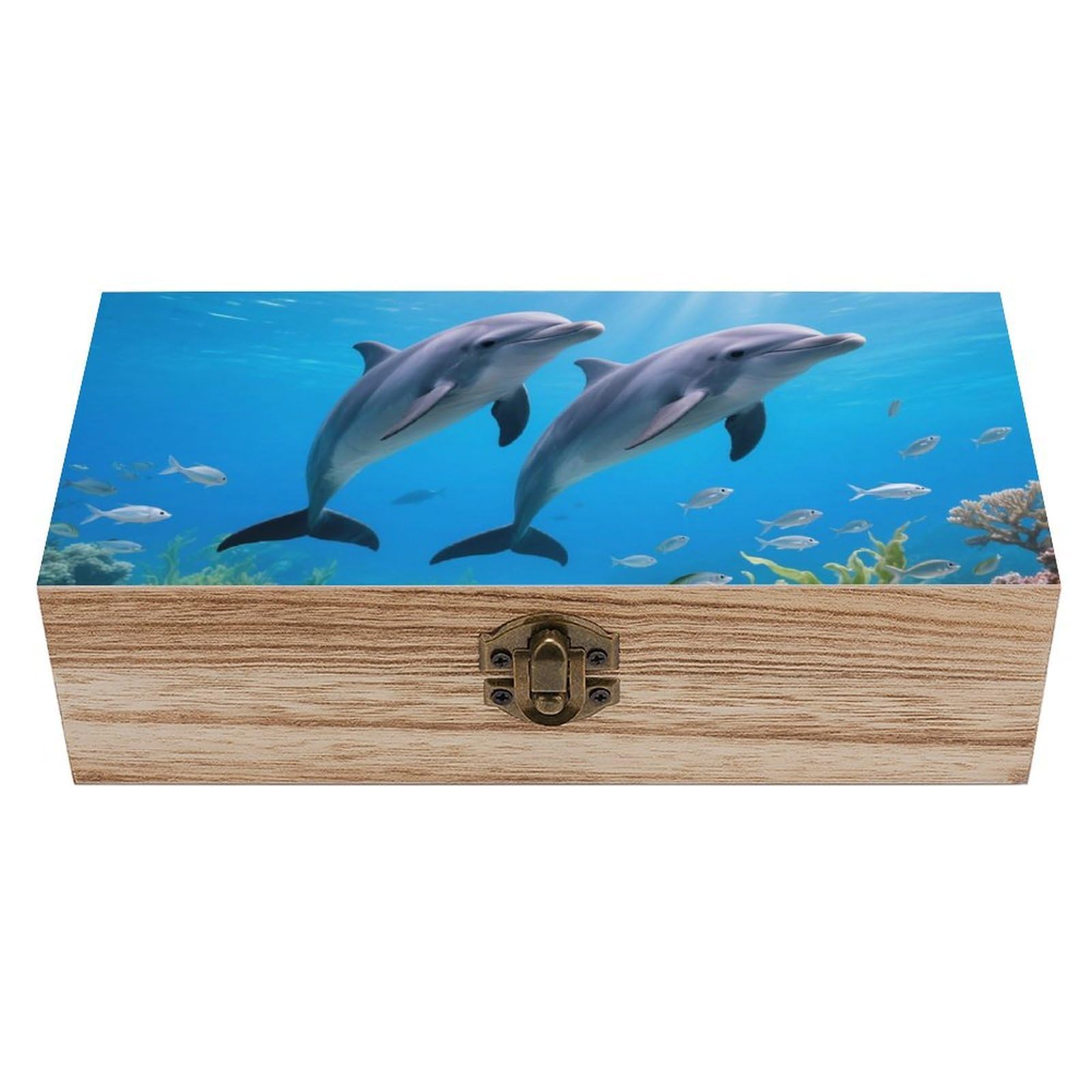 DWVTSLH Dolphin Wooden Storage Box Locked Wood Gift Box Decorative Keepsake Boxes Storage Bins, Memory Boxes for Pictures, Jewelry Organizer Unique Gift Ideas for Men Women