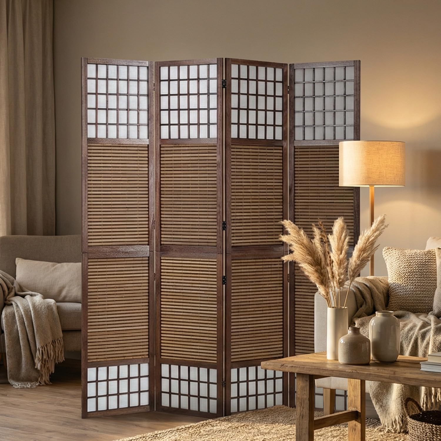 Homestyle4u 876, 4 pan Diviseur de pièce paravent Taille spéciale 2 m de Hauteur - Bois diviseur Shoji avec Bambou au Riz Brun Blanc