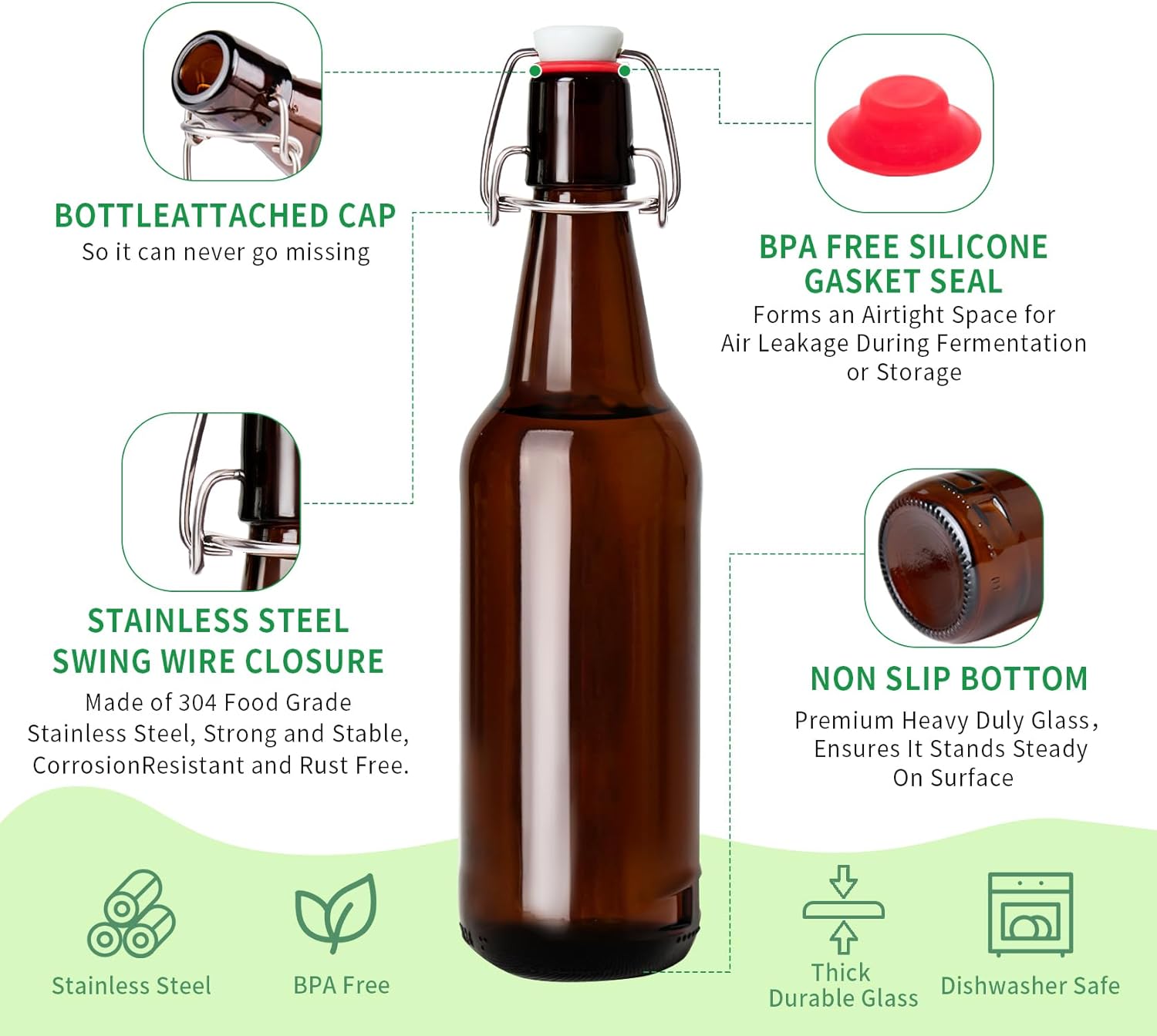 16.5oz Amber Beer Bottles with Flip Caps Set of 10, Swinging Top Glass Brewing Bottles with Airtight Lids for Vanilla Extract, Fermentation Kombucha, Beverage, Water, Kefir, Soda - Image 6