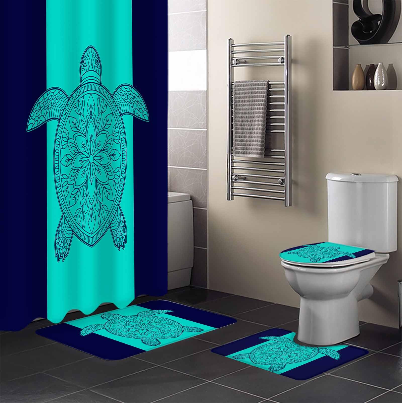 Turtle Mandalas Bathroom Set with Shower Curtain and Rug Accessories - 36x72 Inches Long Boho Modern Abstract Blue Stripe Summer Stall Curtain Waterproof with Large Bath Mat,Washable Runner Rug Set