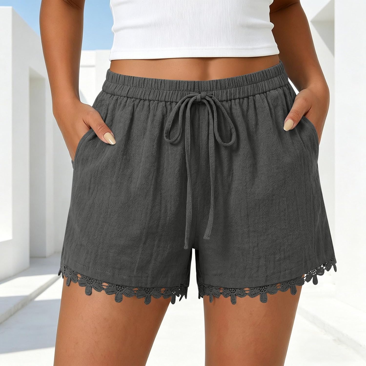 Womens Lace Trim Shorts, Casual Drawstring Summer Beach Pants | Loose Fit Profile, Smocked Elastic Waist, Delicate Lace Hem, Plain Weave, Hot Weather Resort Vacation Outfit