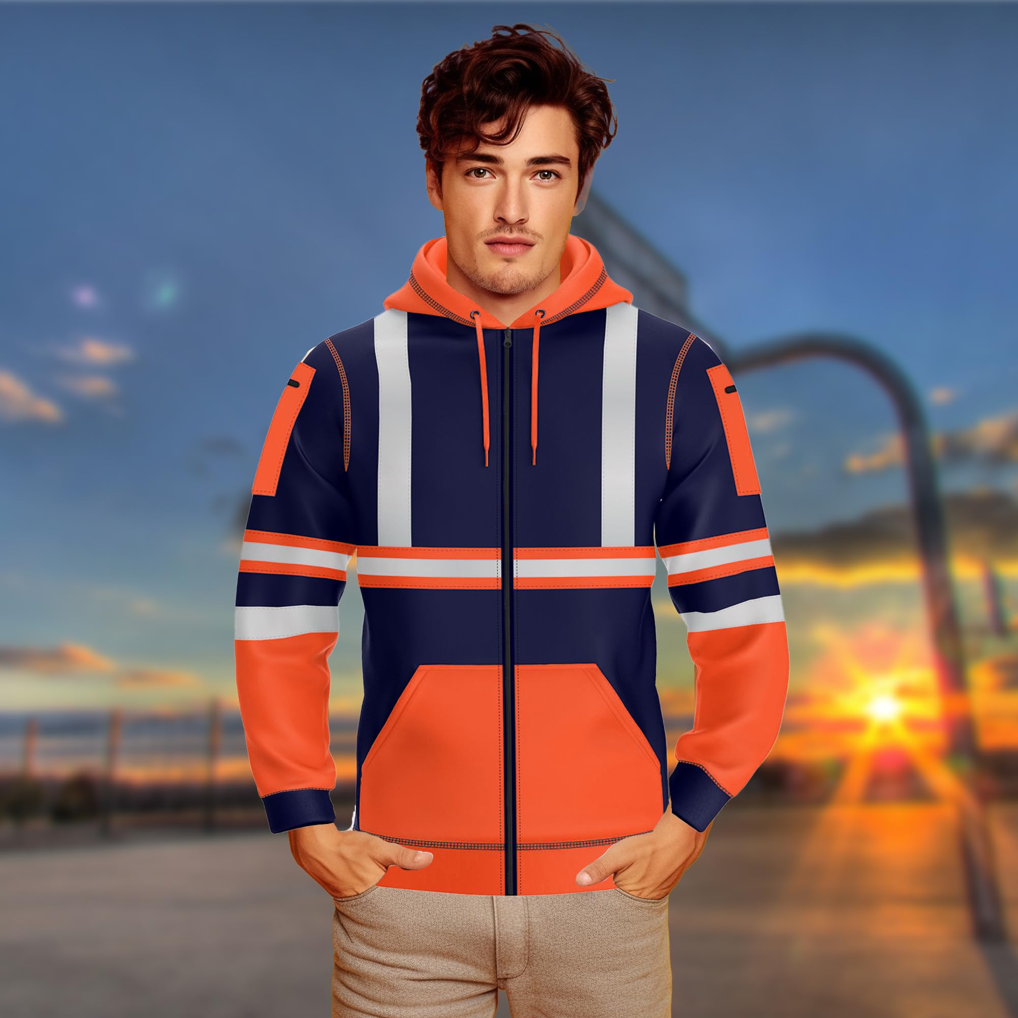 NOROZE Sudadera Alta Visibilidad Hombre con Capucha y Cinta Reflectante Cremallera Completa