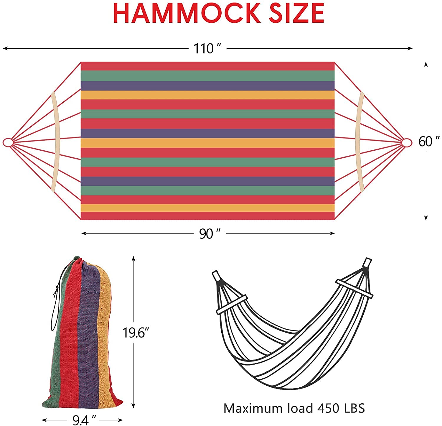 FYCAN Camping Hammock Soft Canvas Cotton Fabric Hammock with Tree Straps-Portable Joola with Travel Bag for Patio Porch Garden Backyard, Outdoor/Indoor - Rainbow (RED) 1
