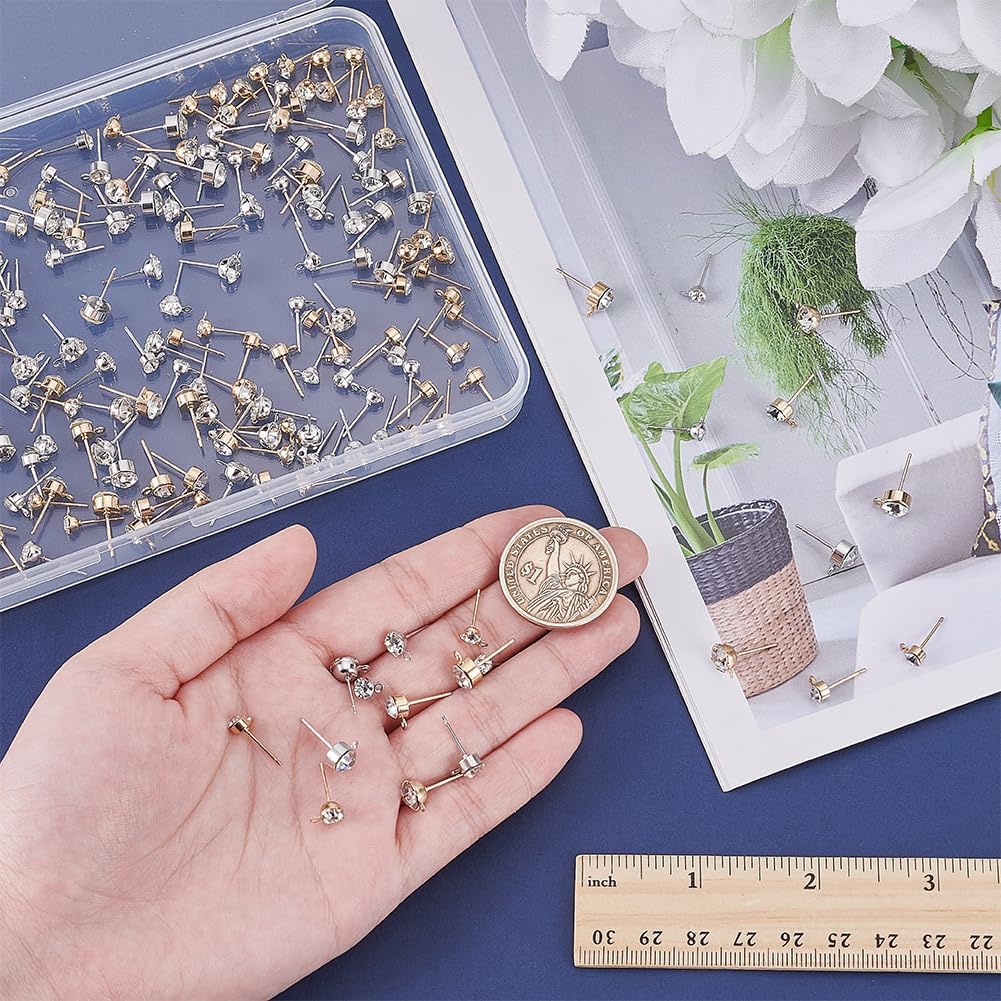 PH PandaHall 240pcs 2 Styles Earring Studs Rhinestone Earring Findings Crystal Earrings Posts with Loop Ear Studs for Women Earrings Jewelry Making 4/5/6mm Platinum, Golden