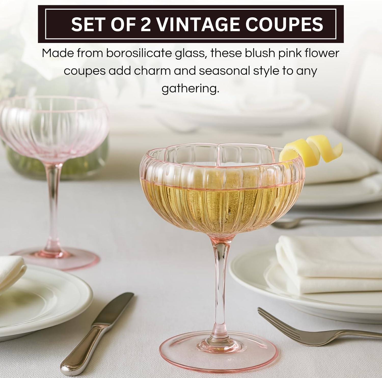 Khen Flower Modern Wavy Glass Coupes Martini, Champagne & Cocktail Coupes - Set of 2-7.7oz Colorful Cocktail Glasses & Prosecco, Mimosa Glassware Copyright Design - Blush Pink