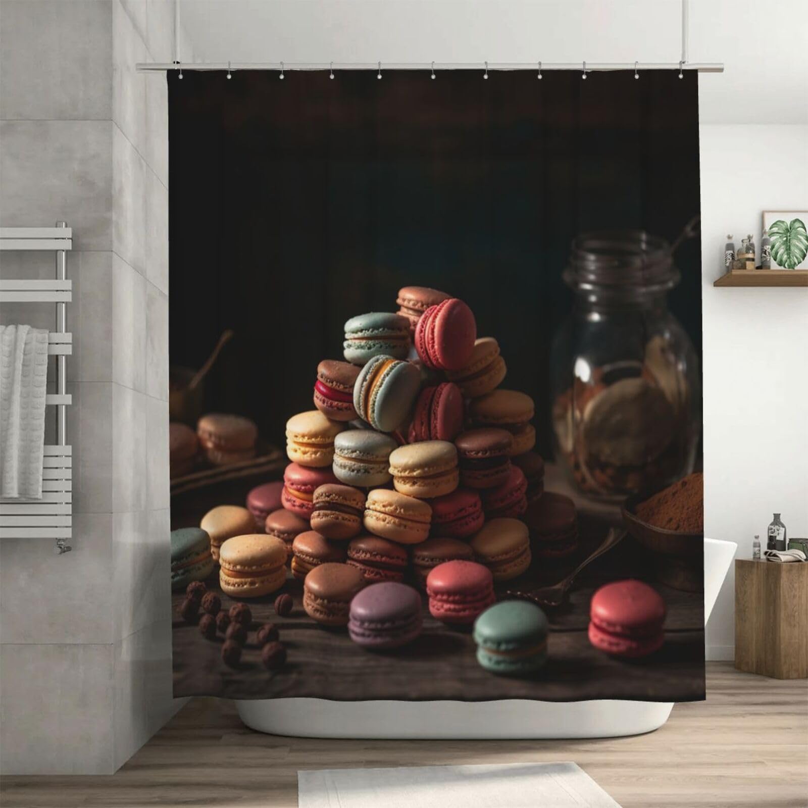 Rideau de douche imperméable pour éviter l'eau au sol avec sa toile épaisse macarons
