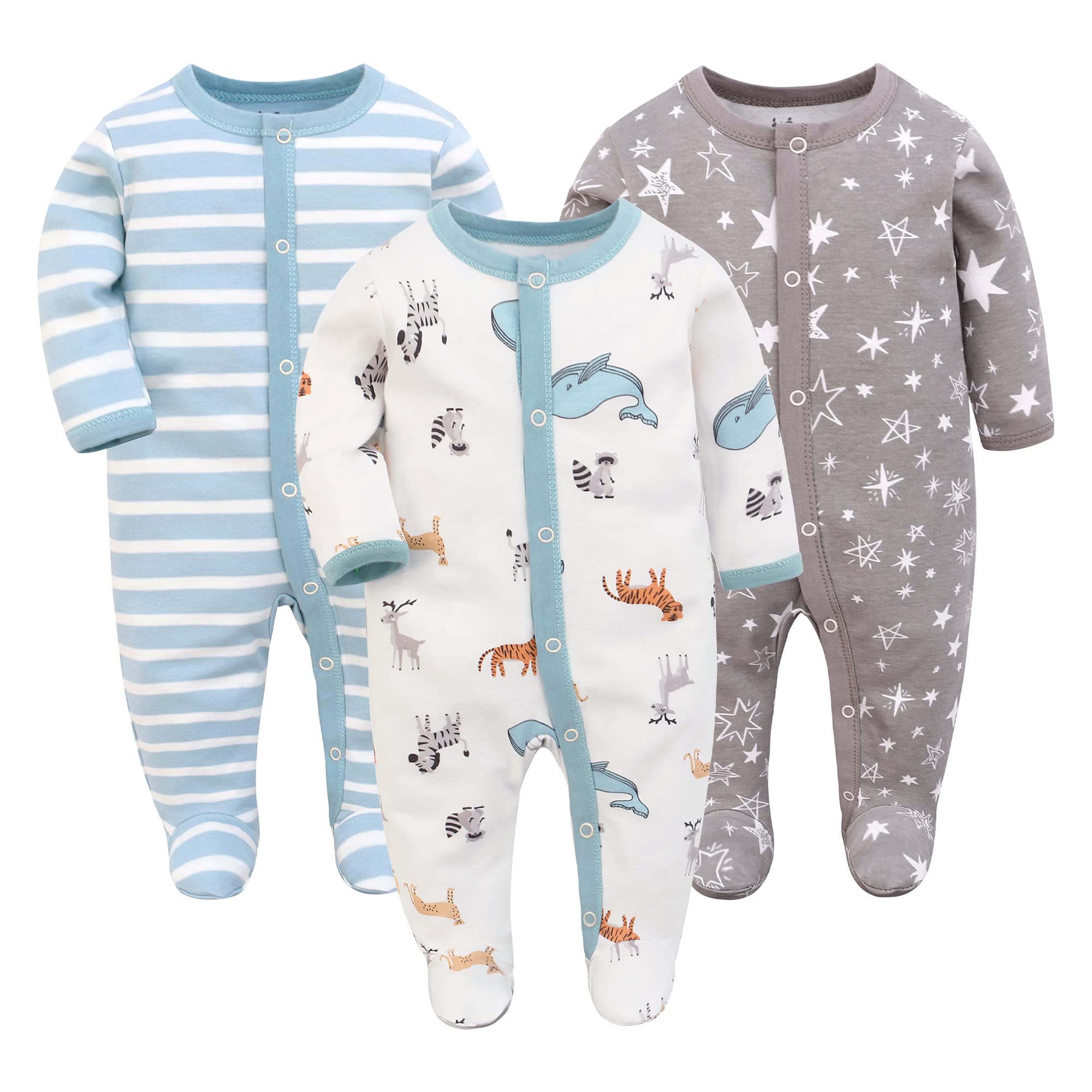 3PCS Baby Schlafstrampler Babychlafanzug Babyschlafsack Baumwolle mit Füßen mit knöpfen Gr. 56 62 68 für Junge Mädchen Neugborenen