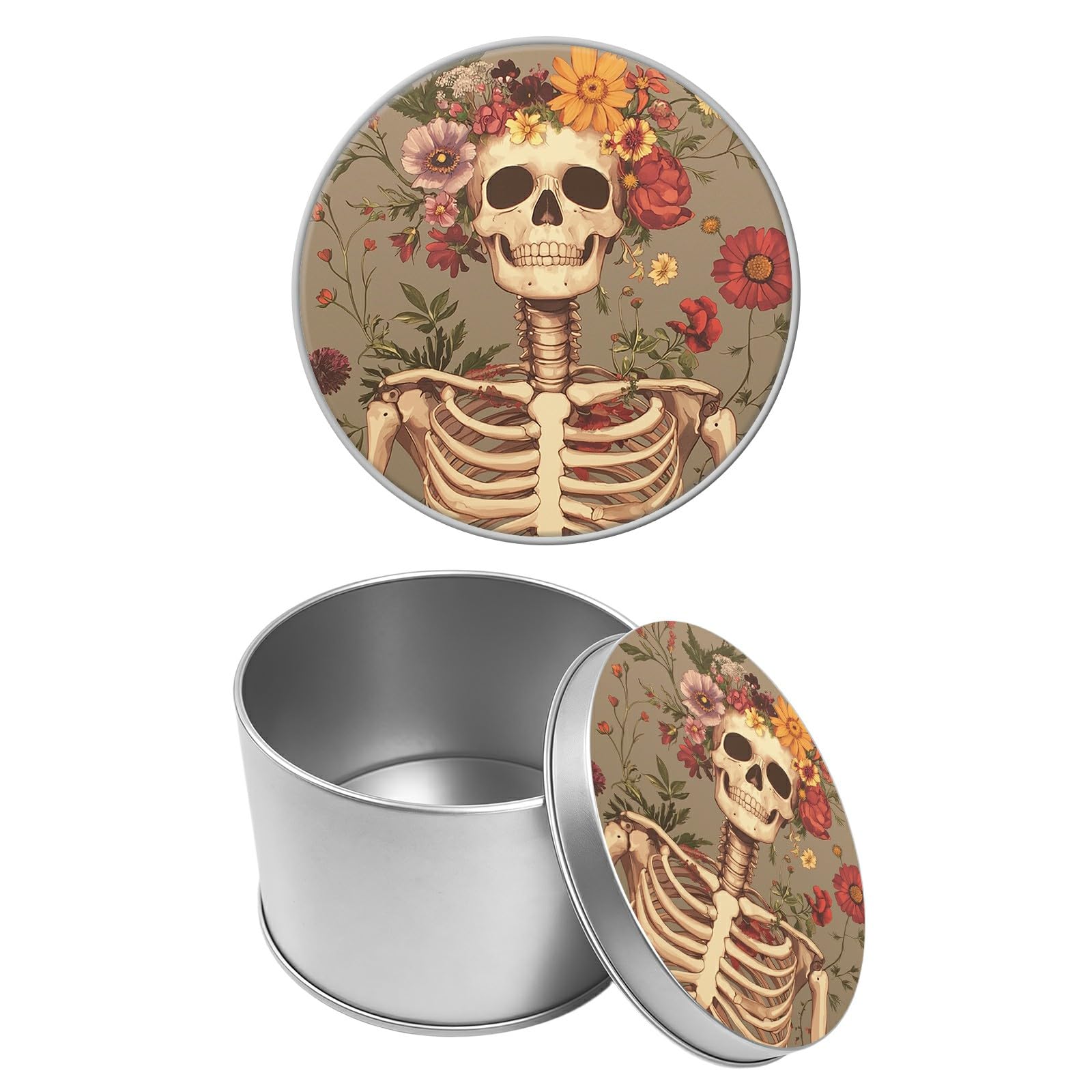 Round Metal Tin Container with Removable Lid, Flower Skulls Durable Metal Storage Box for Cookies Spices Tea Candies Cakes Jewelry Cosmetics 3.54 x 2.36 inch– Single Pack
