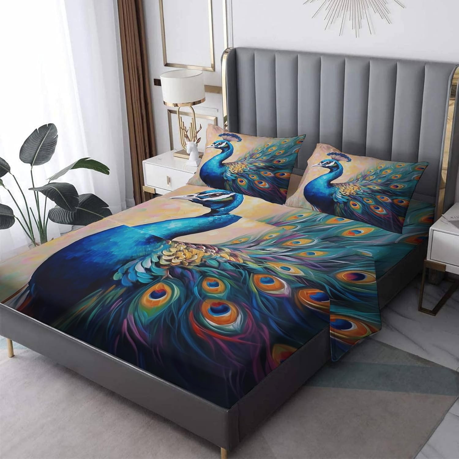 Peacock Sheets Twin Size, Feather Bird Bed Sheets, Patterned Bedding Sheets & Pillowcases 3 Piece Set - Soft Microfiber Deep Pocket Fitted Sheet & Flat Sheet & Pillow Case L2-&-88