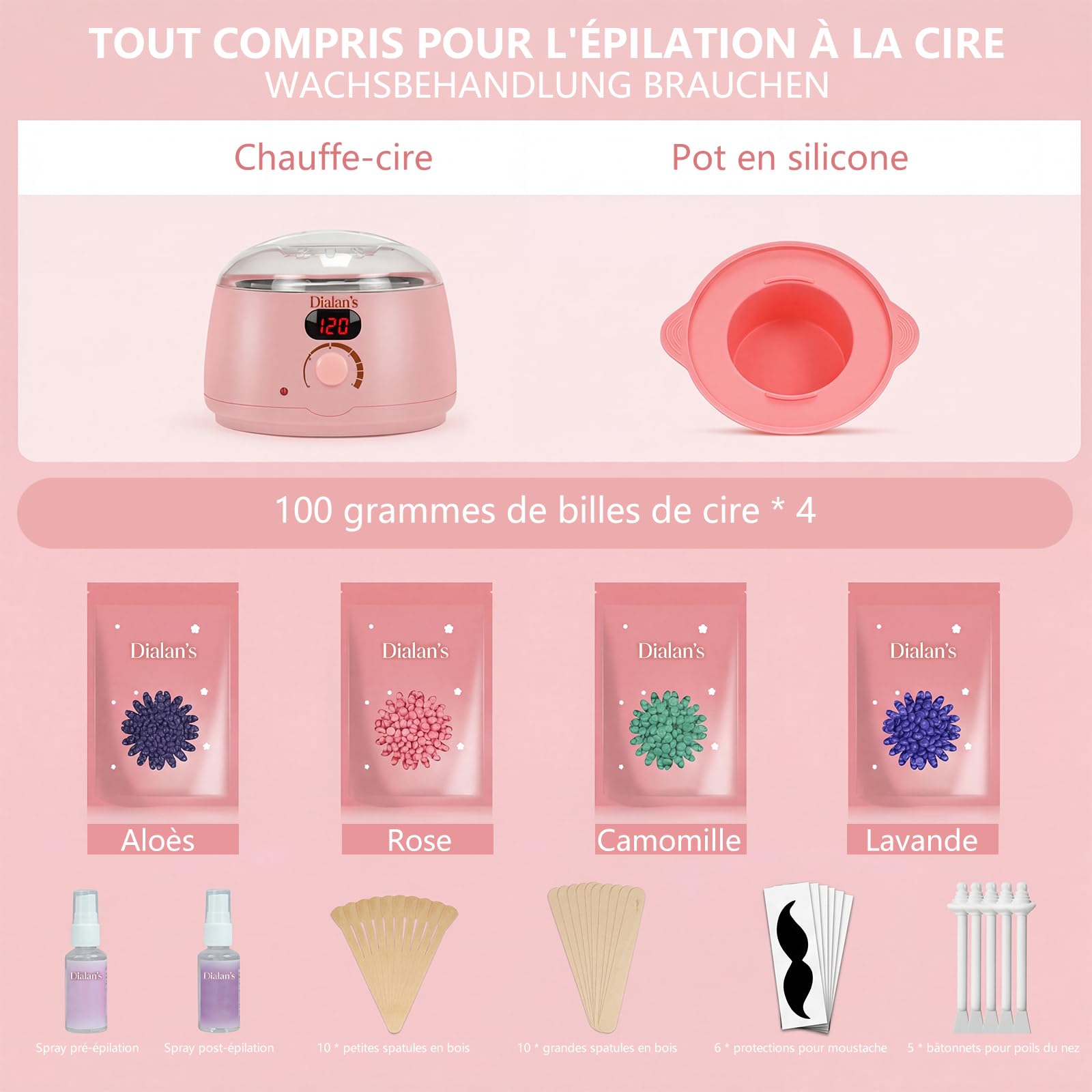 Chauffe Cire Epilation, Kit D'épilation à la cire Avec Affichage numérique Chauffe-cire, Silicone Bol, Perles Dure Pour le visage/Bras/Jambe/Bikini, Tous Les Types de Cheveux - rose