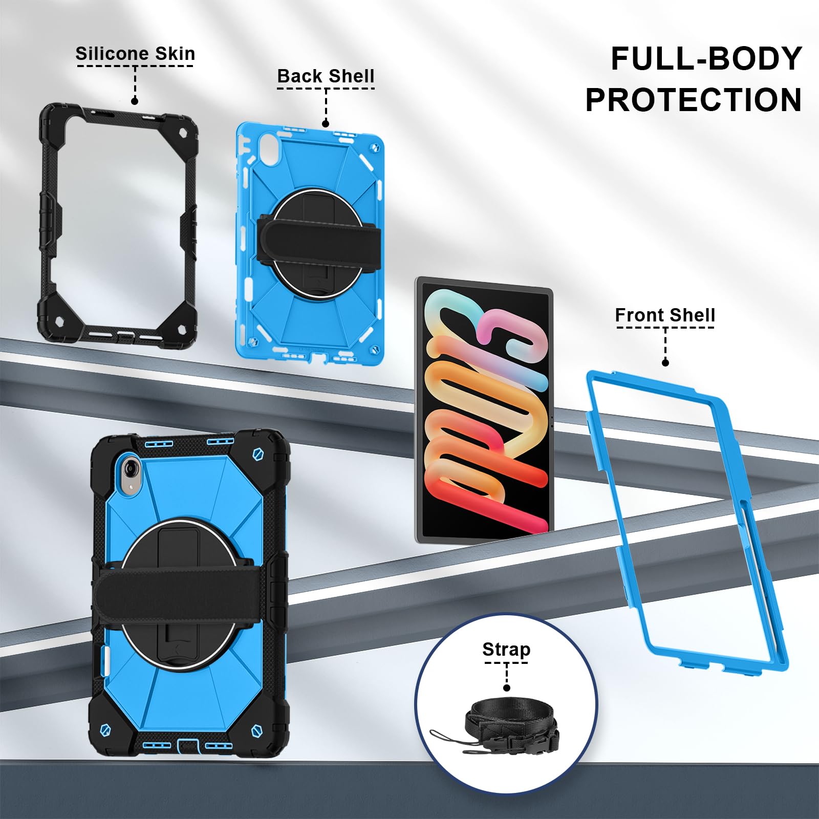 Custodia multifunzione per Lenovo Idea Tab Pro Gen 2 13" [TB390FU] / Xiaoxin Pro13 [TB376FC], custodia protettiva resistente con supporto girevole, portapenne, cinturino da polso e tracolla (nero blu)