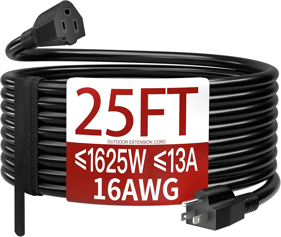 16/3 25 FT Outdoor Extension Cord Waterproof, Weatherproof &amp; Flame Retardant Black 3 Prong Power Cord Outside for Lawn &amp; Garden, 13 Amps 1625 Watts 125 VAC 16AWG SJTW, ETL Listed