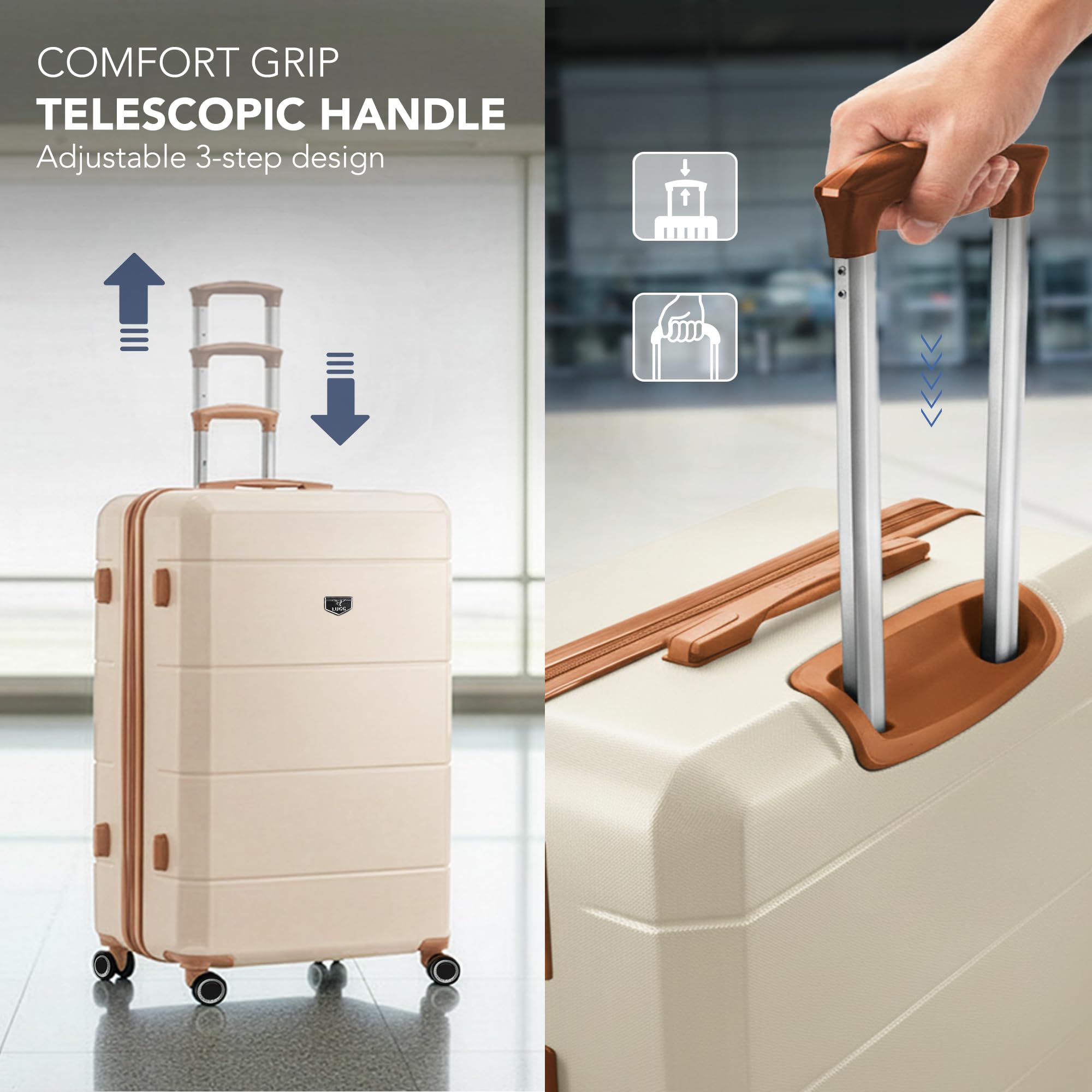 LUGG - Jetset 40cm Suitcase - 40x30x20cm- Ryanair Compatible - Underseat Size - Hard Shell ABS - Spinner & Removable Wheels - Lightweight Travel Luggage- Cream/Brown — view 63