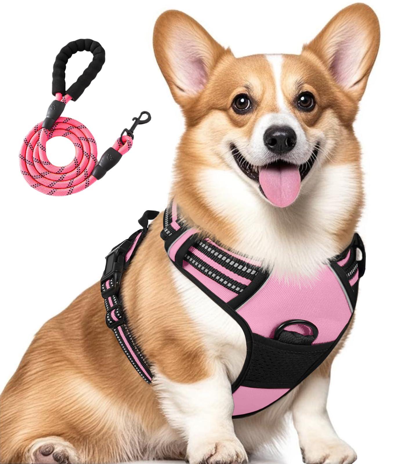 Jomkig No-Pull Adjustable Pet Harness with Free 5ft Leash Medium Breathable Dog Vest Reflective Padded Dog Harness for Outdoor Walking Training, Pink, Medium