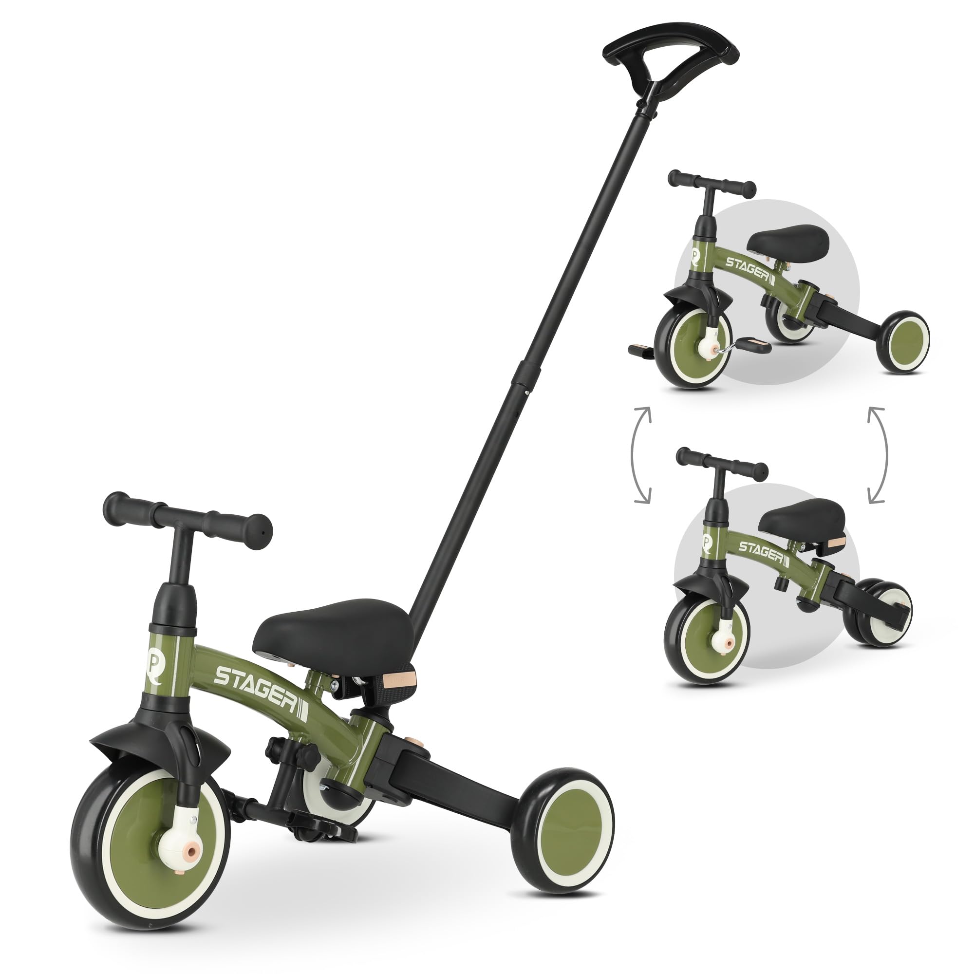 Triciclo & Bici d'equilibrio senza pedali QPLAY Stager 3 in 1, con maniglione a spinta, pedali rimovibili, si trasforma da 3 a 2 ruote senza attrezzi, sella regolabile, dai 2 ai 6 anni (Silver)