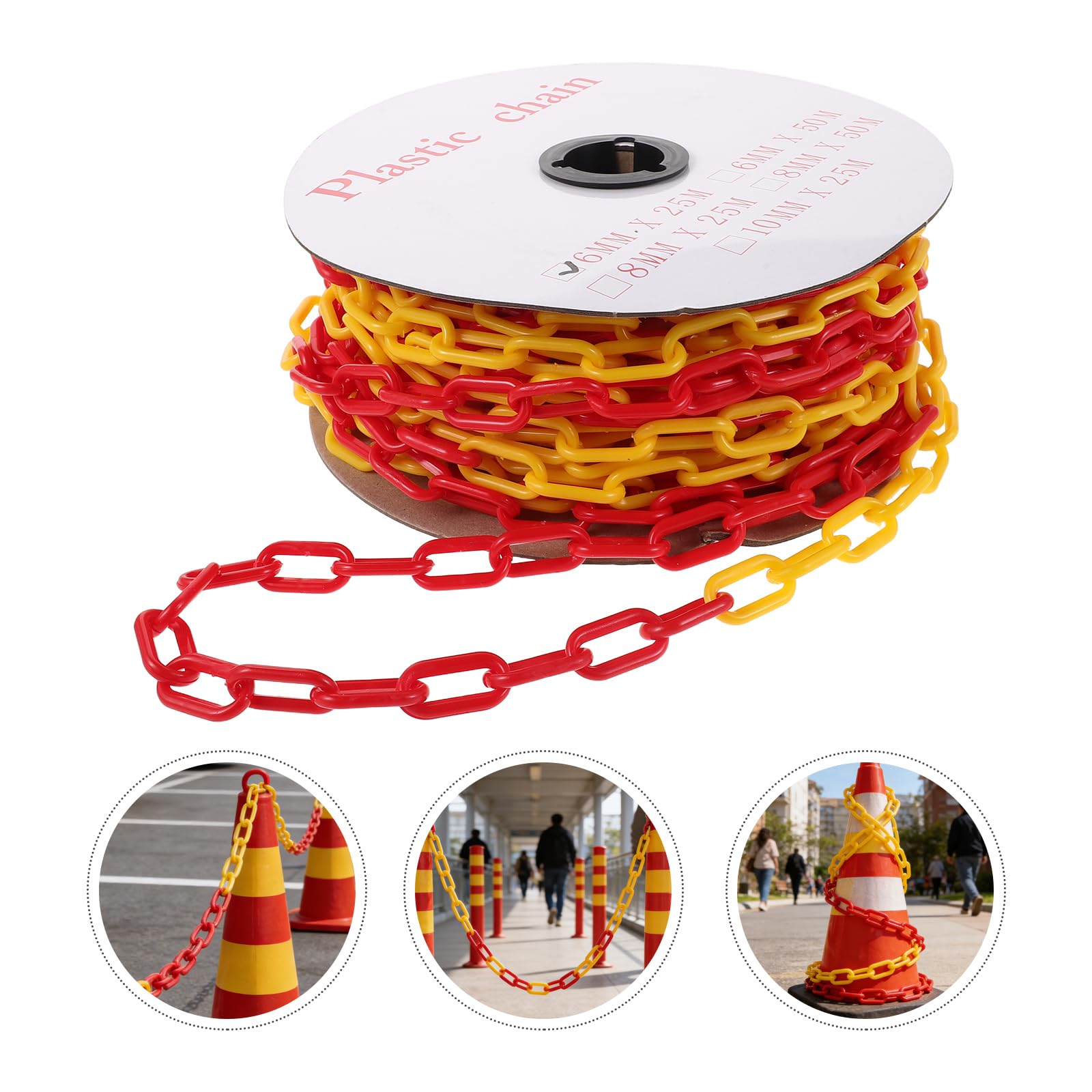 Cadena de Barrera de Seguridad de Plástico 6mm Amarilla y Roja 25 Metros para Control de Tráfico, Eslabones Resistentes para Delimitar Áreas y Uso en Instalaciones Industriales