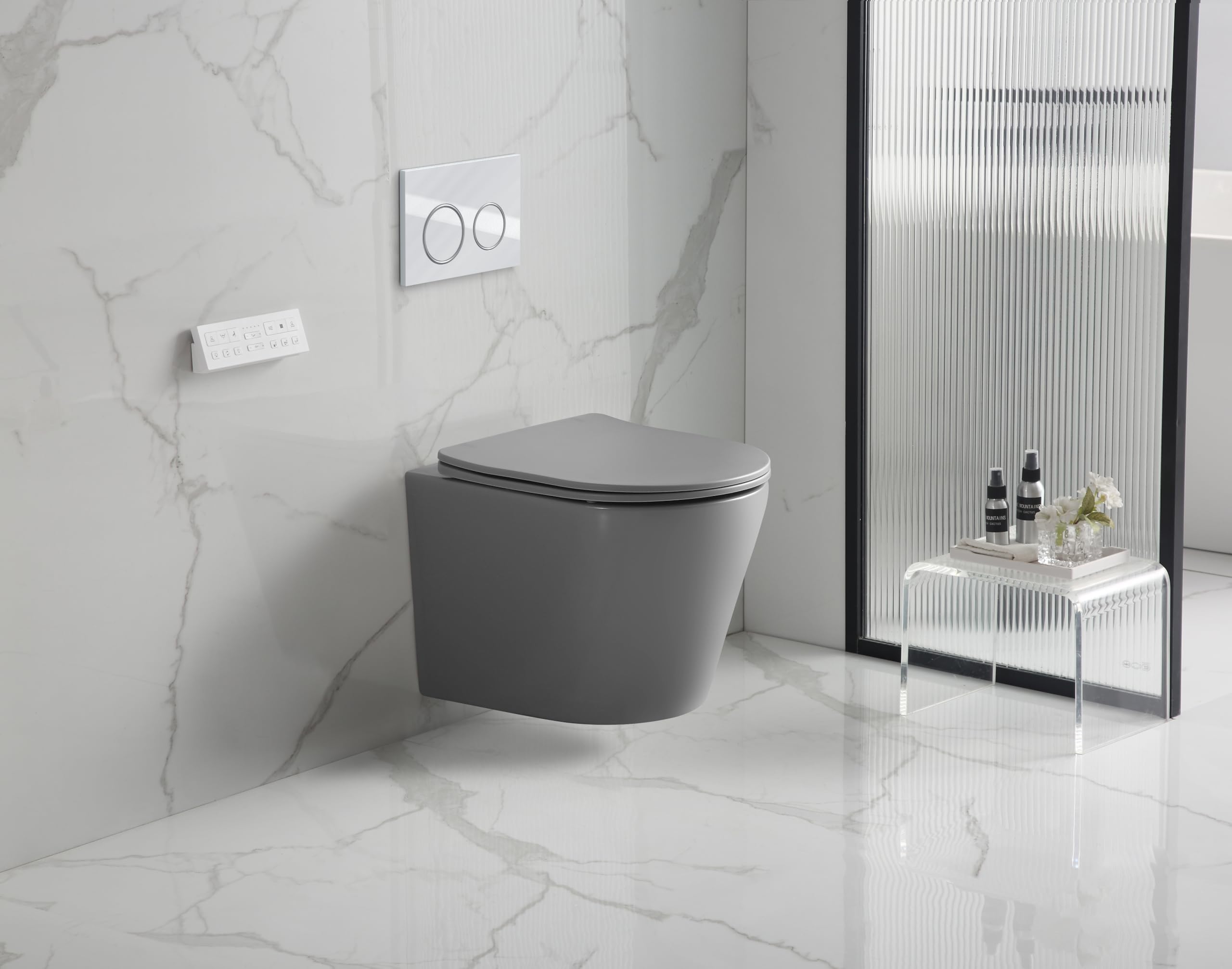 sanicomfort Hänge WC Set Nakia – Spülrandloses, Hygienisches Wand-WC Tiefspüler aus Hochwertiger Sanitärkeramik in Hell Grau, Kompakt, Modern inkl. Soft-Close WC-Sitz