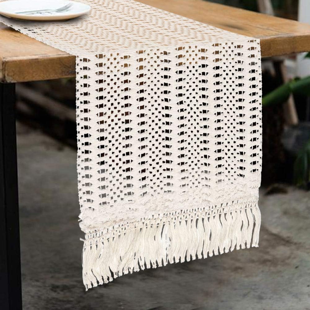 OurWarm Boho Table Runners 72 Inches Long, Cotton Macrame Table Runner Crochet Lace, Woven Table Runner with Tassels for Bohemian Wedding Bridal Shower Home Rustic Farmhouse Dining Table Decor
