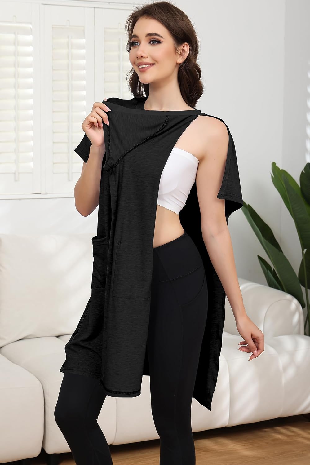 Women's Post Shoulder Surgery Tear Away Dress Short Sleeve Full Open Side Snap Adaptive Clothing with Pockets