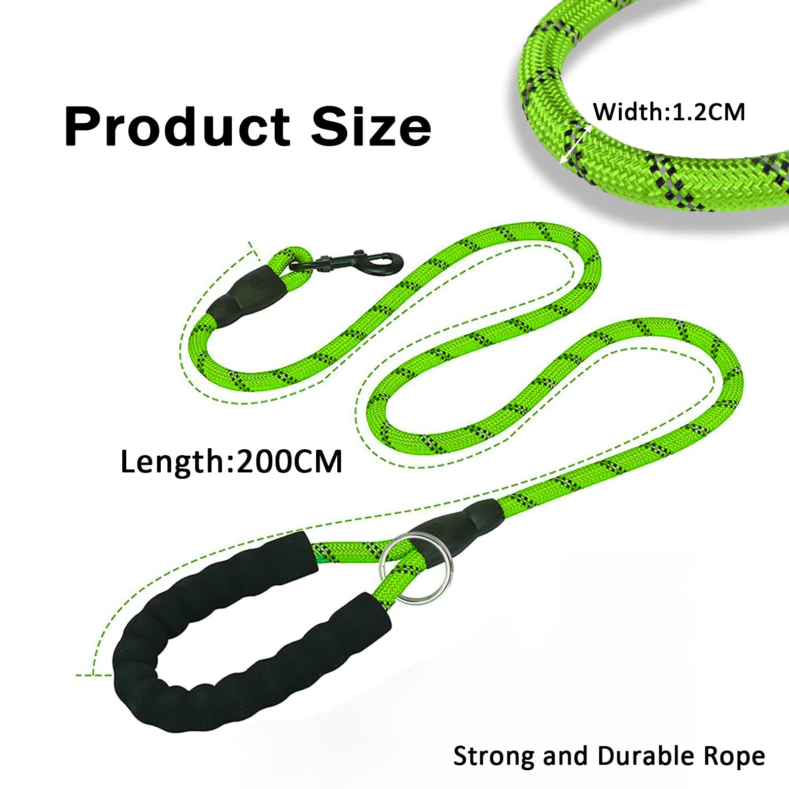 Heavy Duty Dog Lead for Medium/Large Dogs, Durable Rope Leash with Ergonomic Padded Handle & Reflective Safety Stripe (Green - Image 2