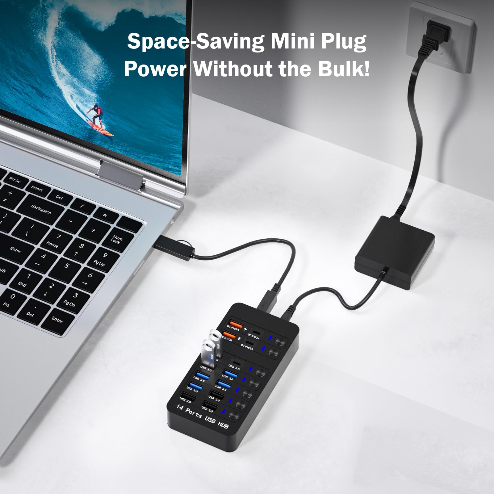 Hub USB alimentato a 14 porte con 6 porte USB 3.0, 4 porte di ricarica, 1 porta dati USB-C 3.0 e 1 porta di ricarica PD da 60 W con interruttori on/off LED per MacBook, laptop e PC