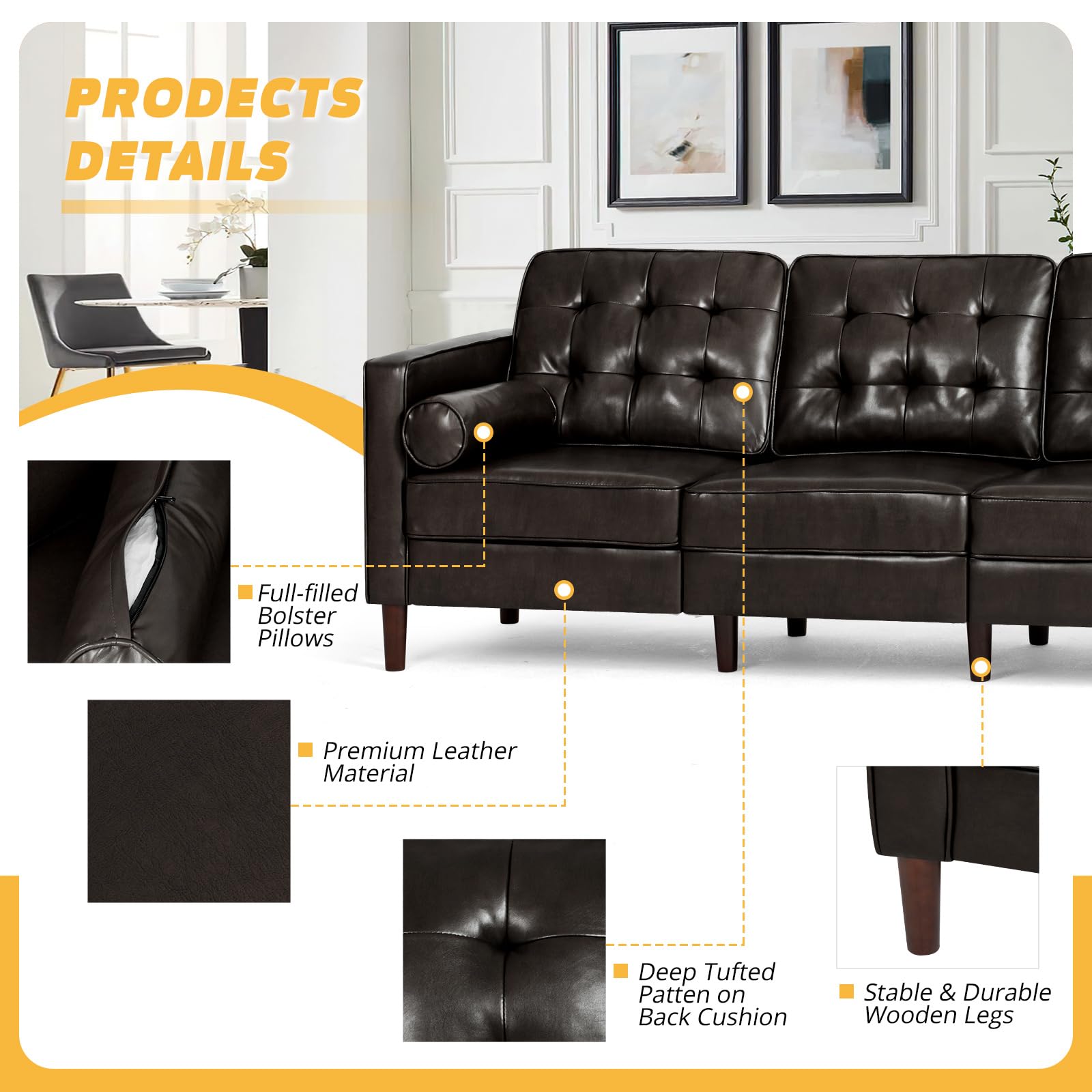 Sofa Set 2-Piece Faux Leather 3-Seat Loveseat With Bolster