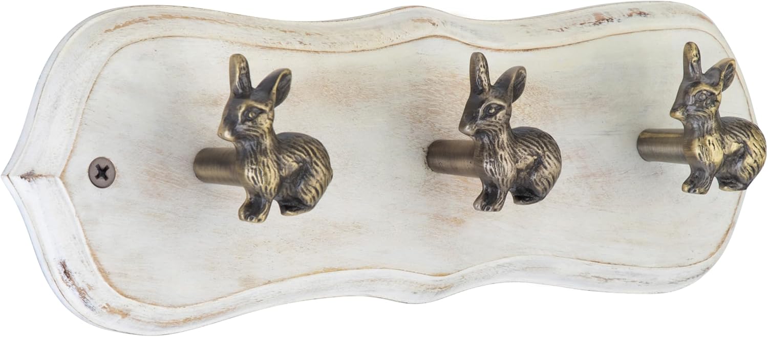 Rustic Wall Mounted Coat Rack with 3 Antique Brass Rabbit Hooks – Distressed White Wood Base, Hook Rail for Hats, Coats & Keys – Animal Themed Organizer for Home, Entryway & Nursery
