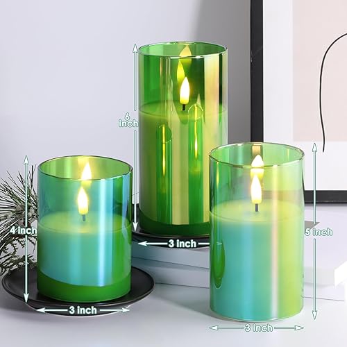 Miniatura 2 de Eywamage Velas de cristal verde sin flama, de luces LED parpadeantes con control remoto, cera y mecha reales, paquete de 3 velas de columna,