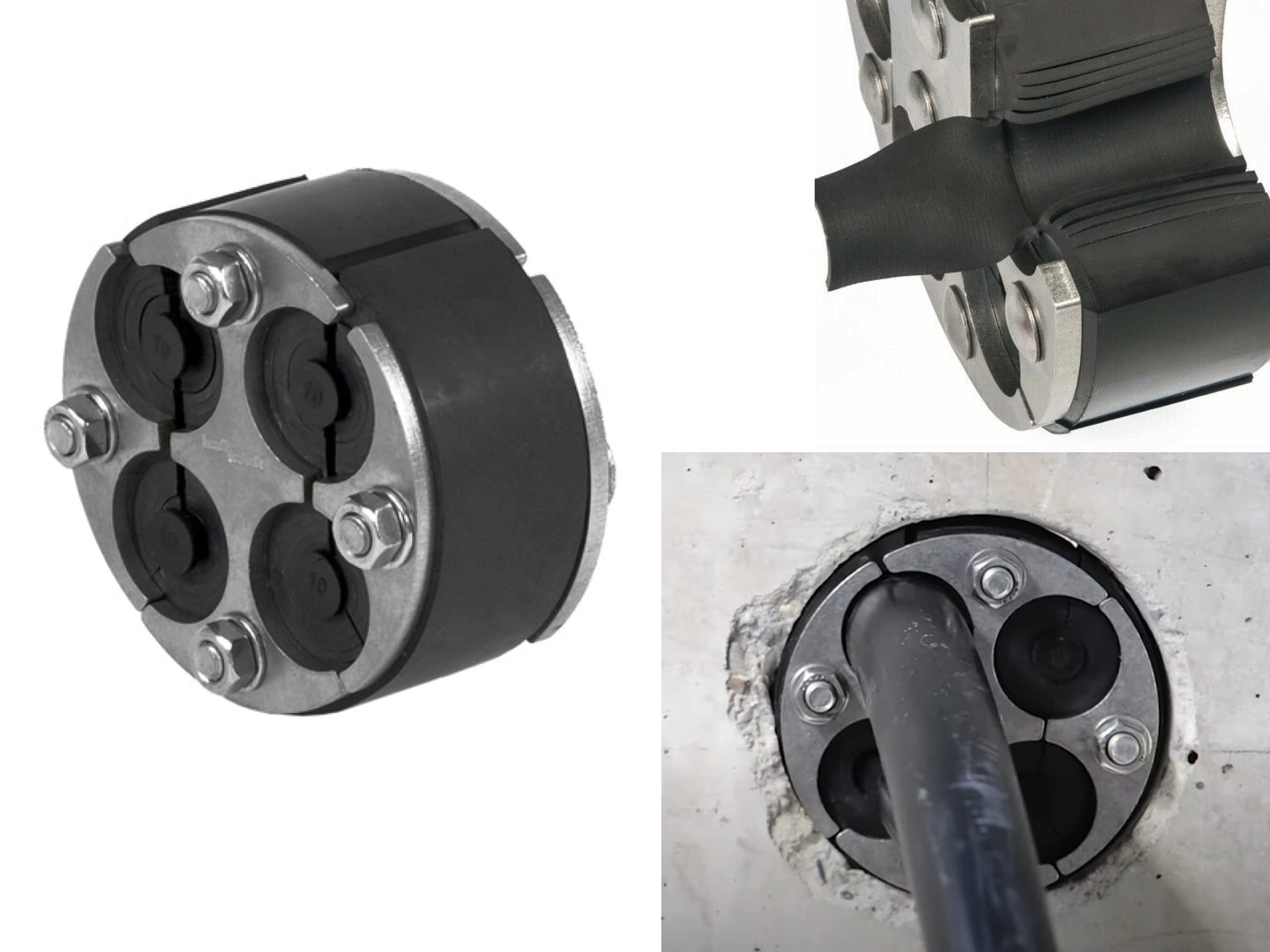 Ringraumdichtung/Mauerdurchführung HRD100 SG DN100 für 4 Kabel (wahlweise 8–30 mm oder 2×6–25 mm + 2×6–32 mm) mit Segmentringtechnik und Blindstopfen (4-fach: 2x 6-25 mm + 2x 6-32 mm)